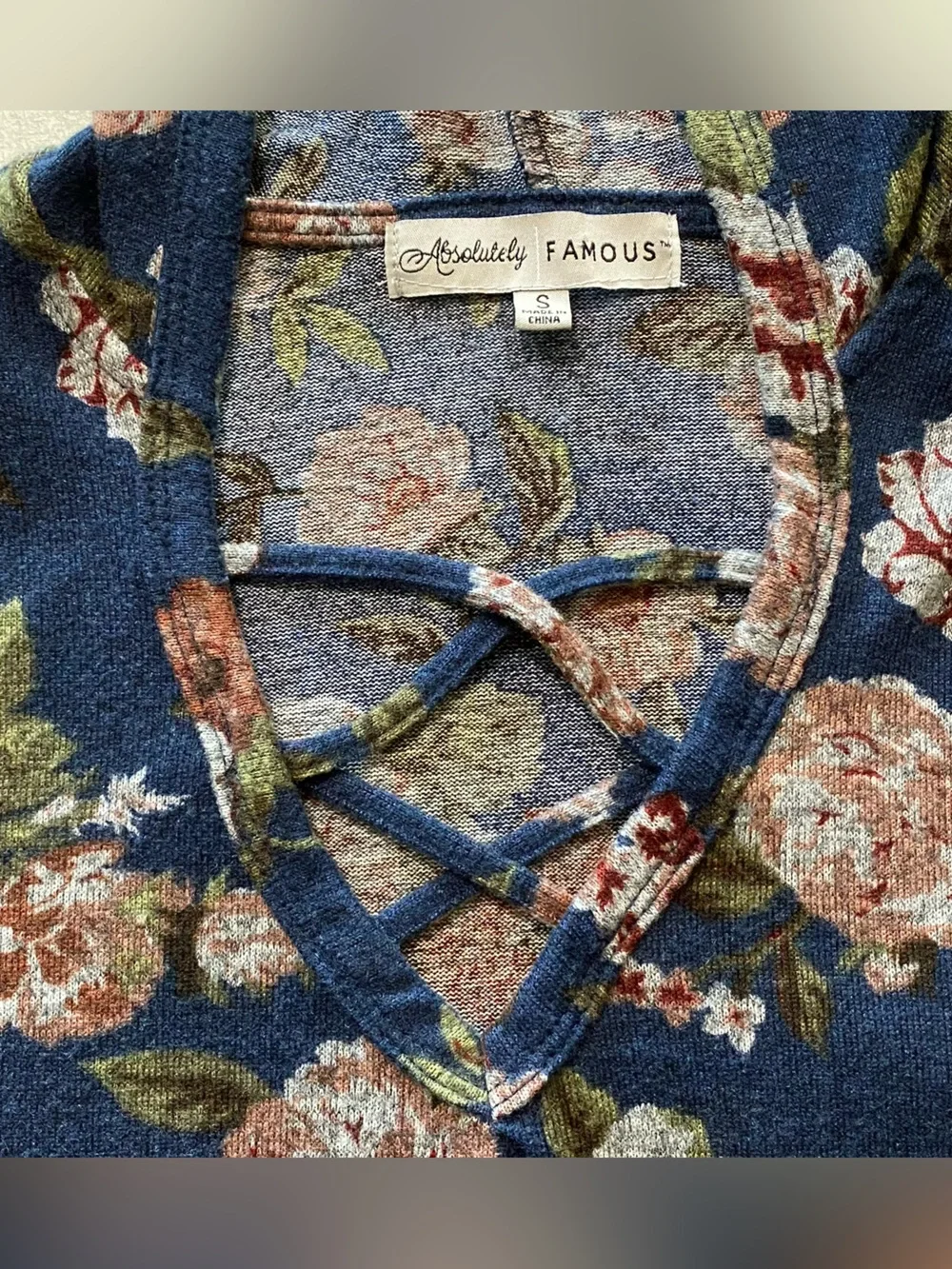 Absolutely Famous Navy Floral Lace-Up Long Sleeve Top - Picture 4 of 11